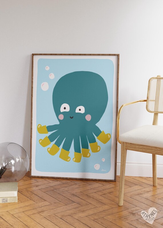 Smiling Teal Octopus in Tiny Yellow Rain Boots Kids Nursery Poster