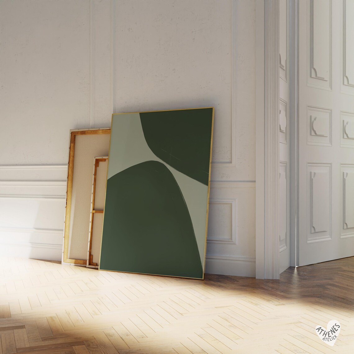 Calm Sage Green and Forest Abstract Curves Minimalist Bedroom Poster