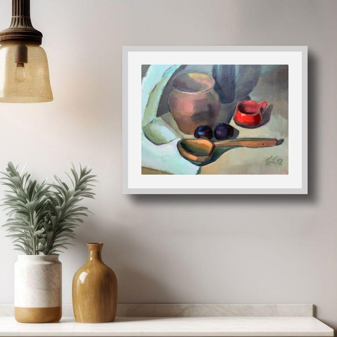 Rustic Kitchen Pottery Plums Wooden Spoon Oil Painting Poster Art