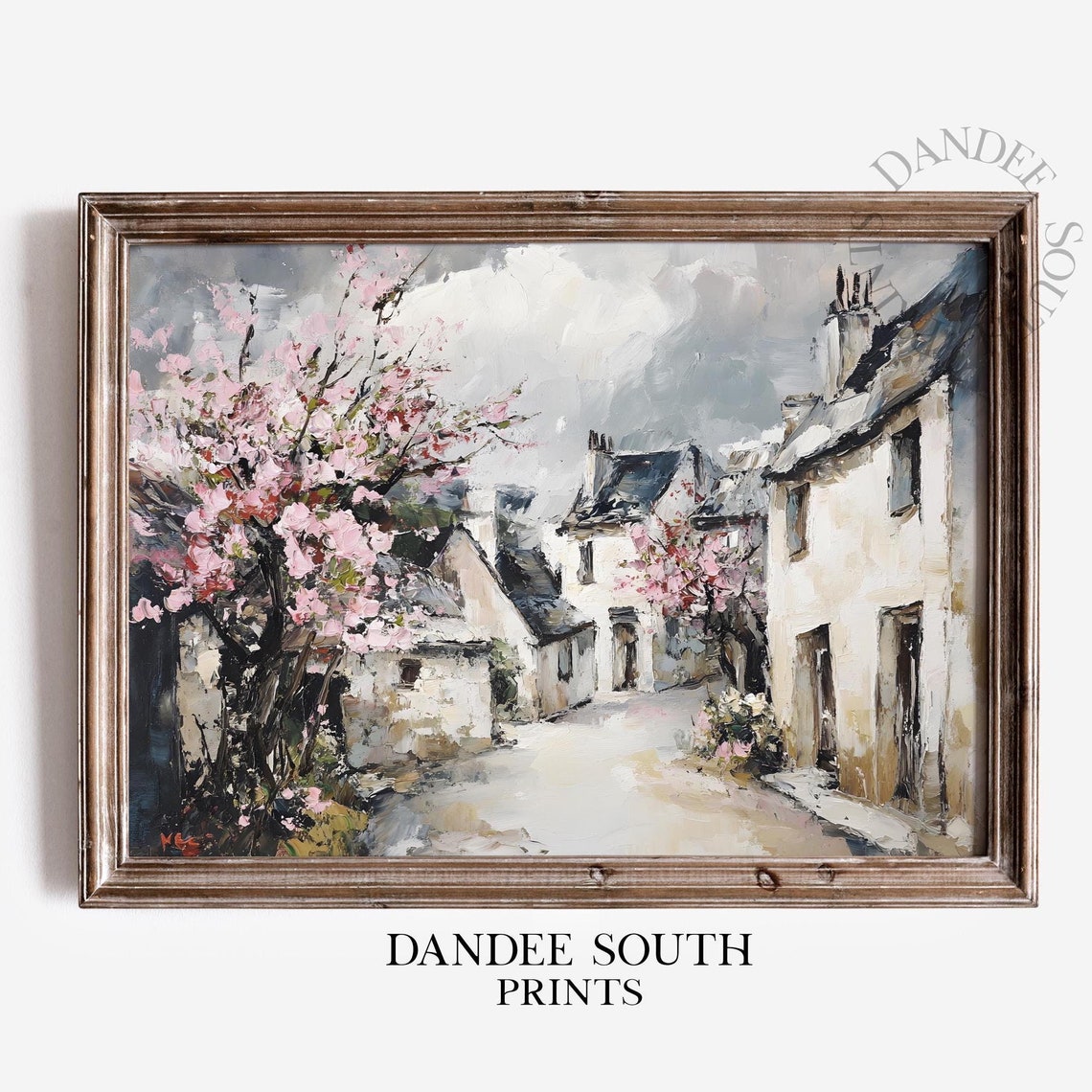 Cherry Blossom Village Street Rustic European Oil Painting Poster