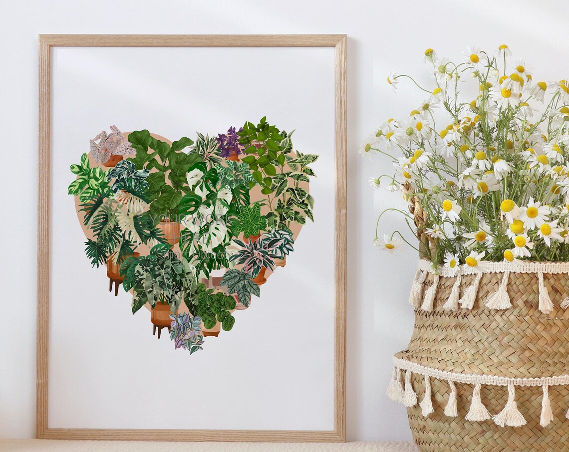 Heart-Shaped Houseplant Collage on a Soft Peach Background Poster