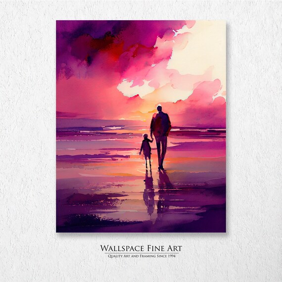 Father and Child Walking Beach Purple Sunset Watercolor Painting Poster