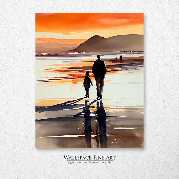 Father and Child Walking Beach at Sunset Silhouette Watercolor Poster