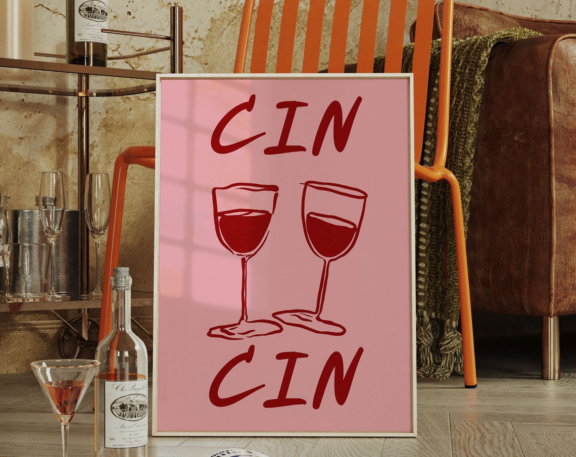CIN CIN Cheers Two Wine Glasses Pink Italian Bar Cart Poster - Image 4