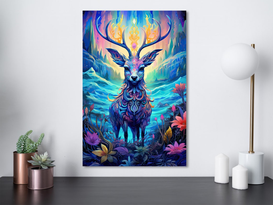 Psychedelic Neon Stag Deer Fantasy Forest Digital Art Poster