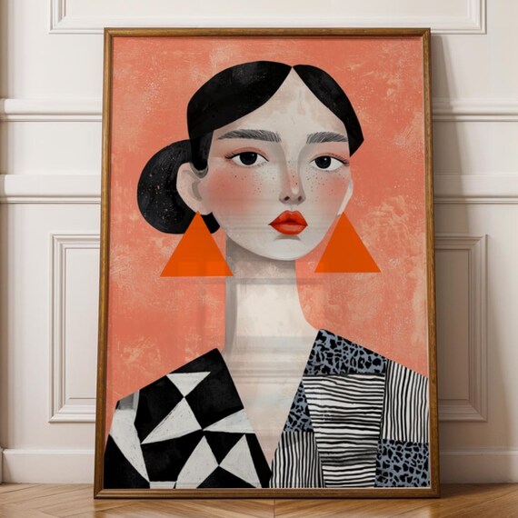 Modern Stylized Woman Portrait Orange Triangle Earrings Wall Art