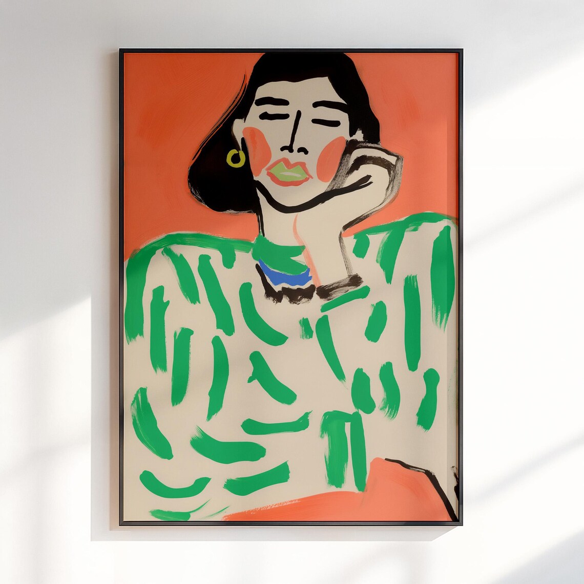 Maximalist Woman Portrait with Bold Green Brushstrokes Poster