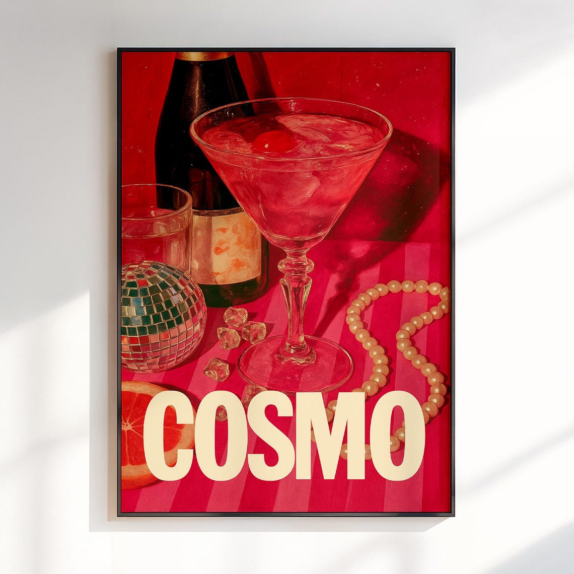 Glossy Red Cosmopolitan Cocktail With Mini Disco Ball Bar Poster