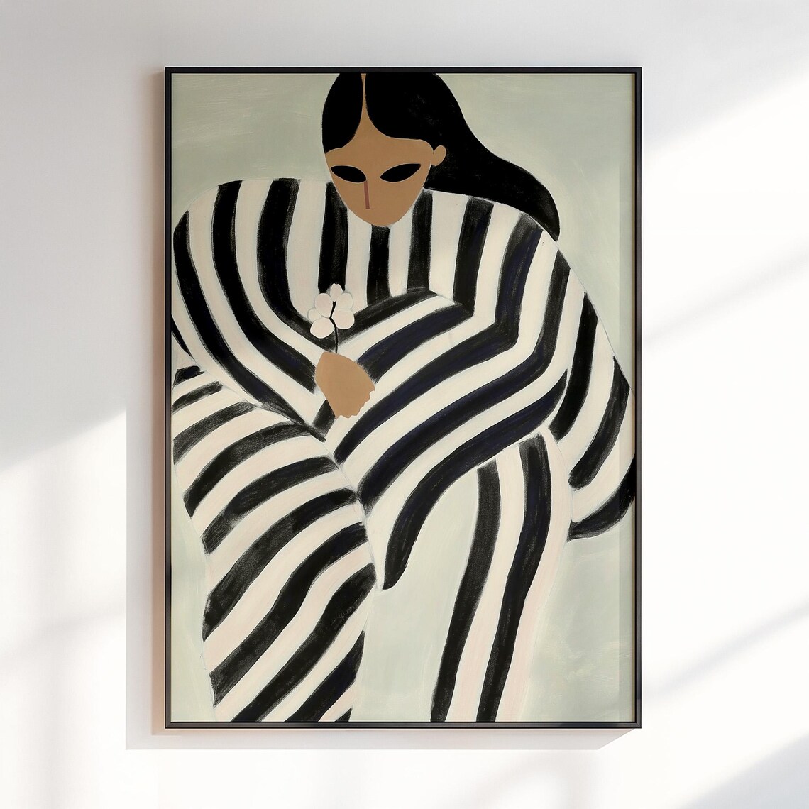 Woman in Striped Dress Holding Flower Modern Abstract Art Poster