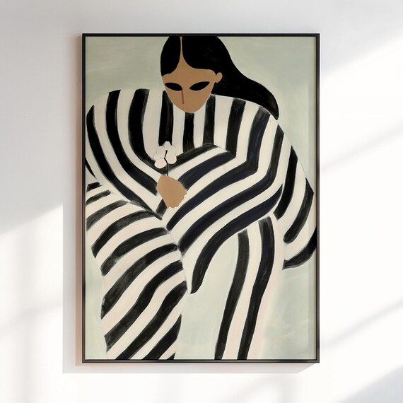 Woman in Striped Dress Holding Flower Modern Abstract Art Poster