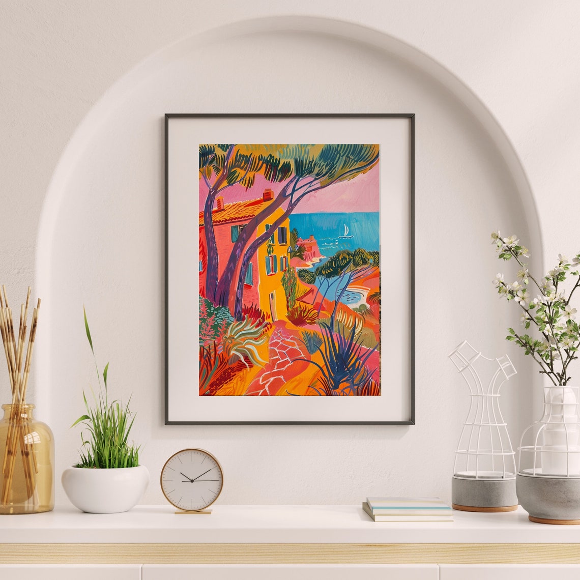 Vivid Sunset Coastal House with Pine Trees Overlooking Sea Poster - Image 6