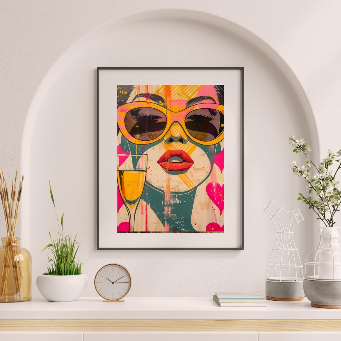 Pop Art Woman With Sunglasses And Cocktail Poster In Pink Hearts - Image 8