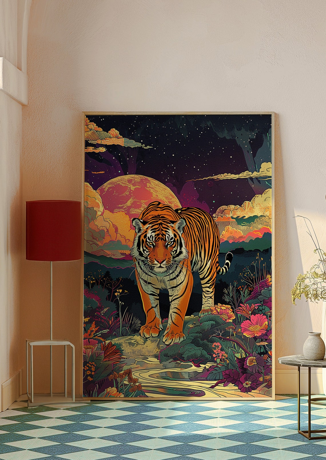 Majestic Tiger Beneath a Giant Red Sun in Starry Night Sky Poster - Image 9