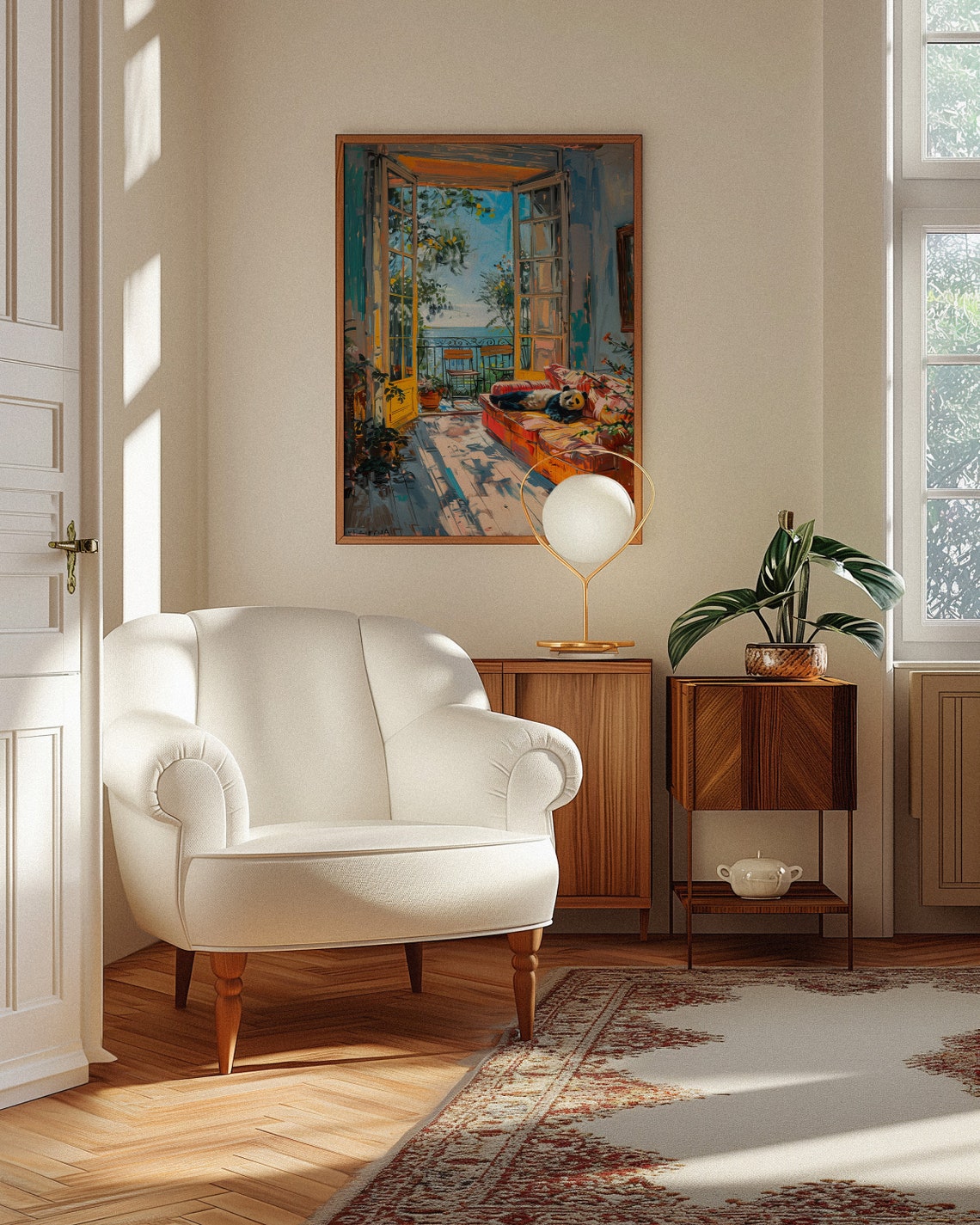 Adorable Sleepy Panda Napping on an Orange Sofa by Sea Poster - Image 2