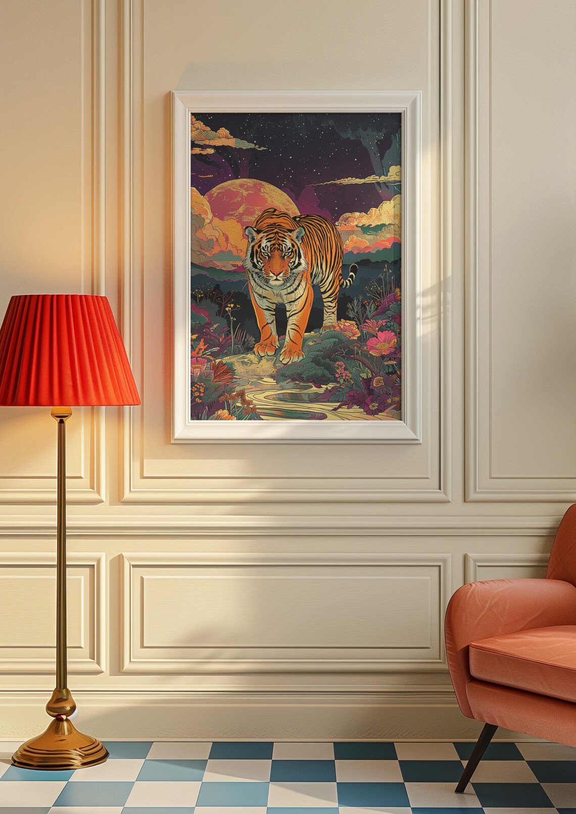 Majestic Tiger Beneath a Giant Red Sun in Starry Night Sky Poster - Image 8
