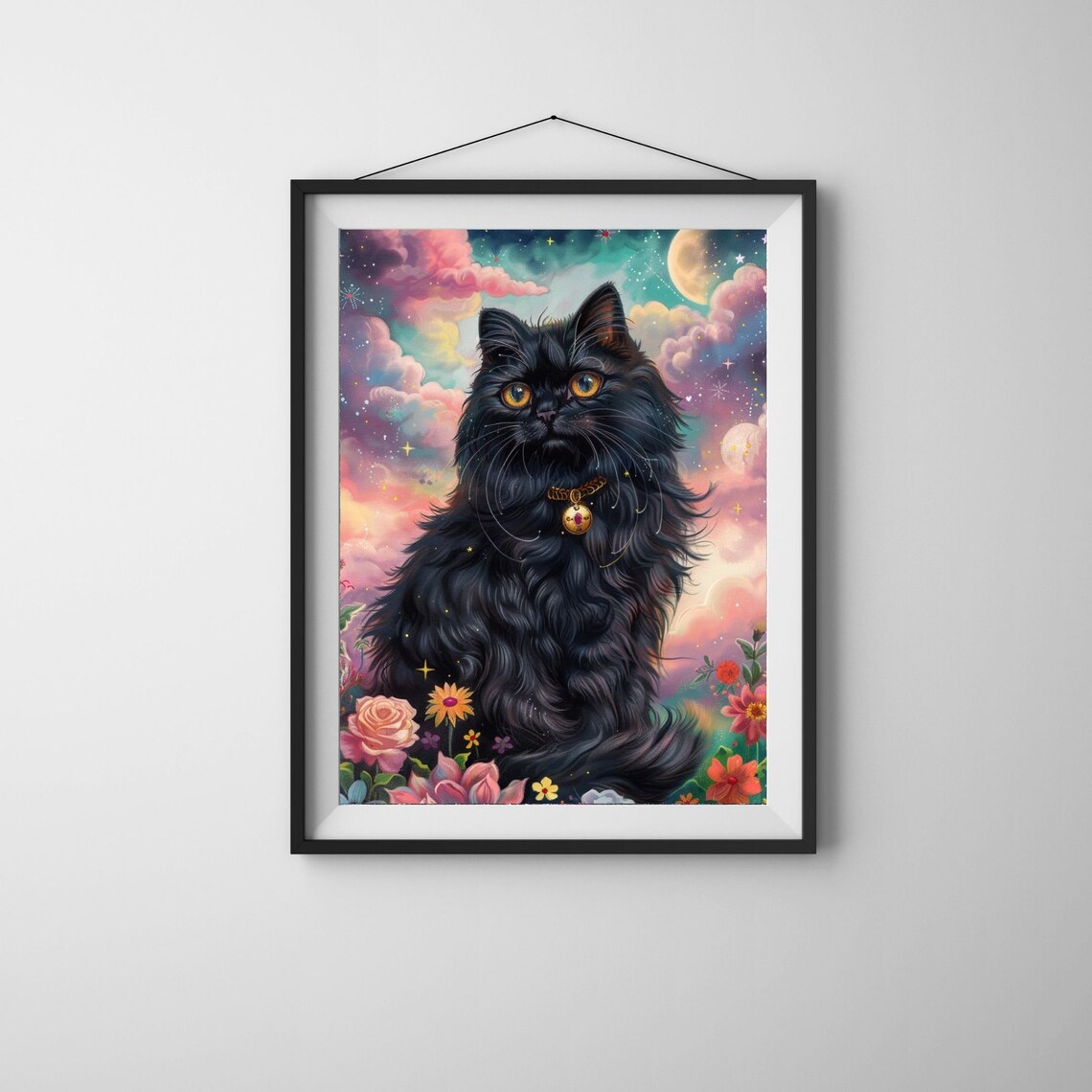 Fluffy Black Cat Fantasy Poster With Golden Collar In Floral Sky - Image 5