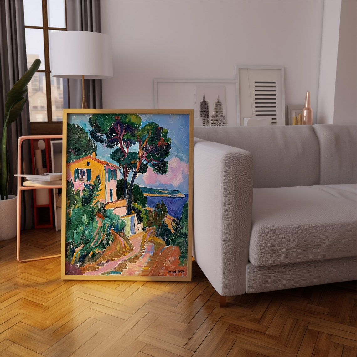 Charming Yellow Coastal House Among Pines on a Sunny Path Poster - Image 4
