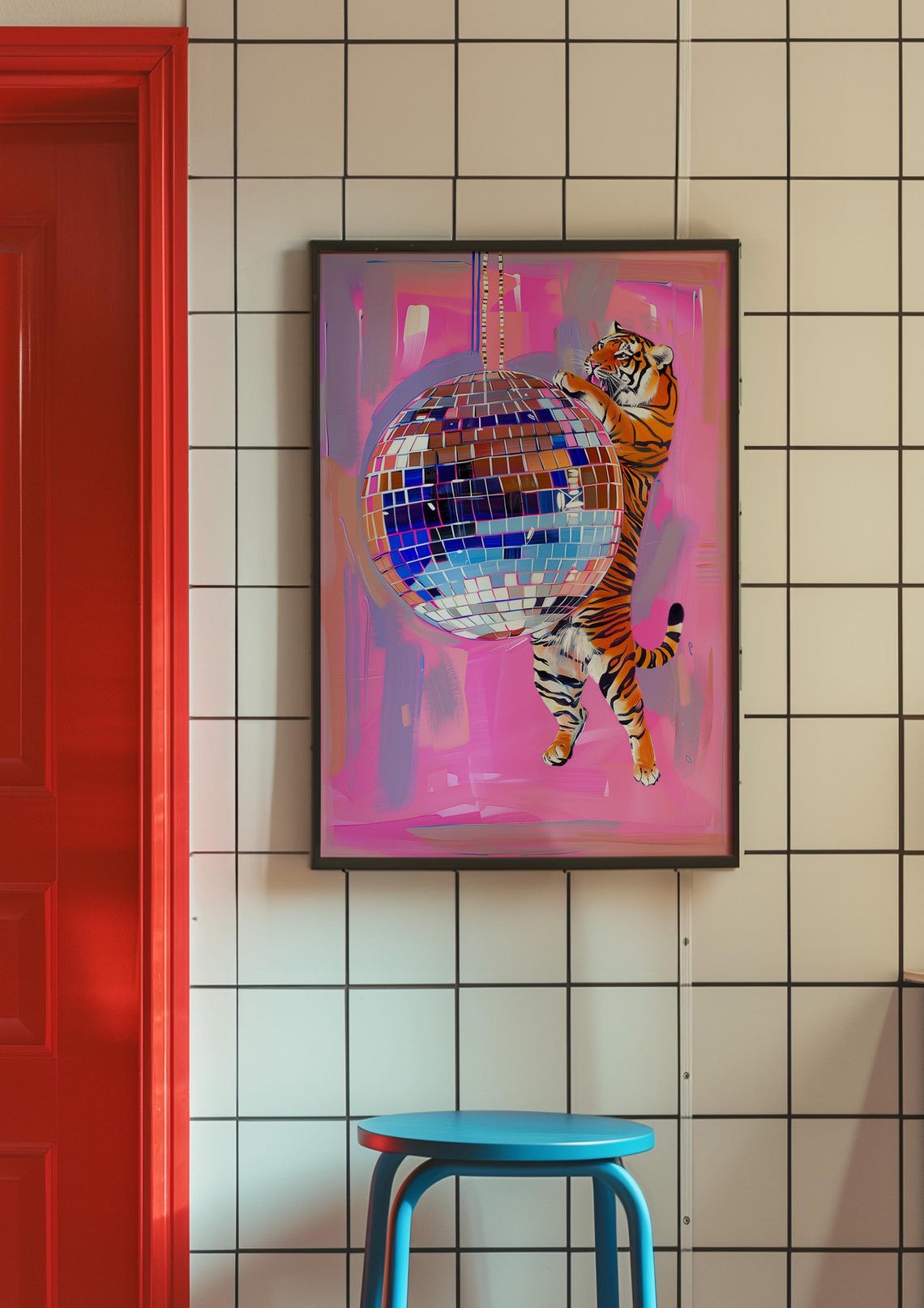 Tiger On Hanging Disco Ball Art Print Vibrant Pink Background Unique Modern Wall Decor Animal And Disco Theme Bold Home Decor - Image 3