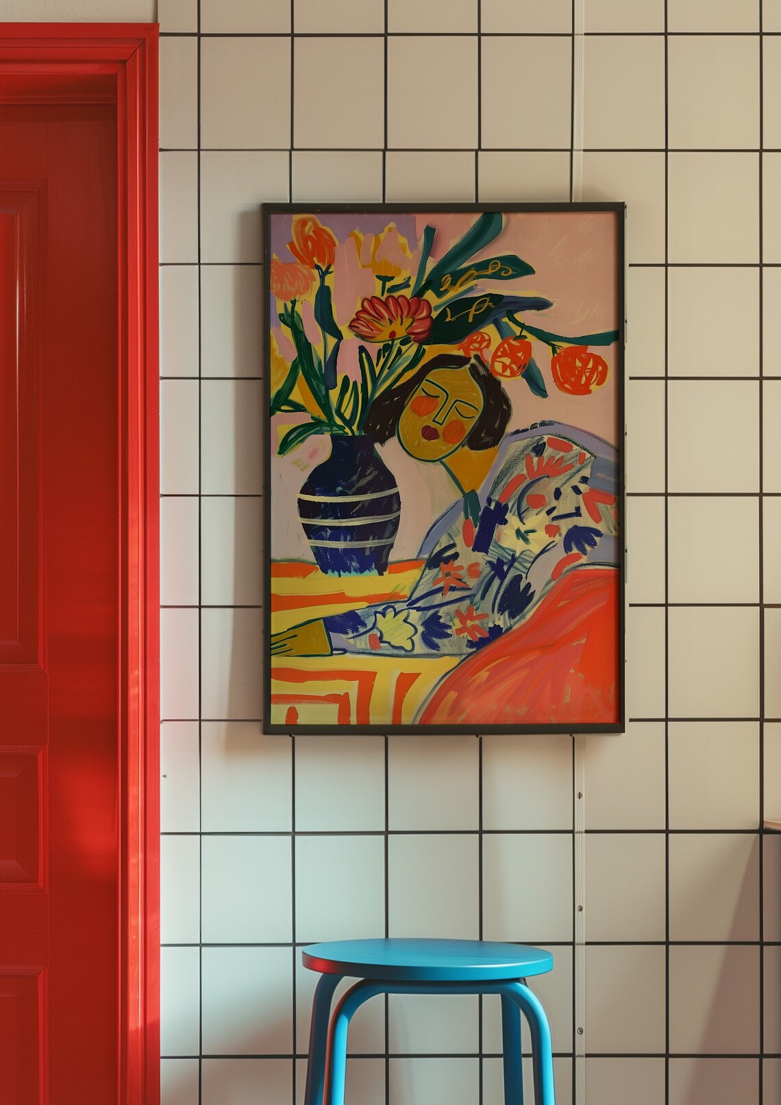 Resting Woman by Blue Vase With Red Orange Flowers Still Life Poster - Image 4