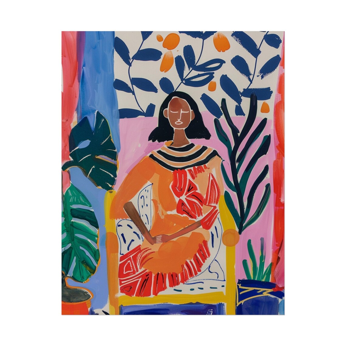 Seated Woman in Orange Dress With Plants Folk Art Portrait Poster - Image 2