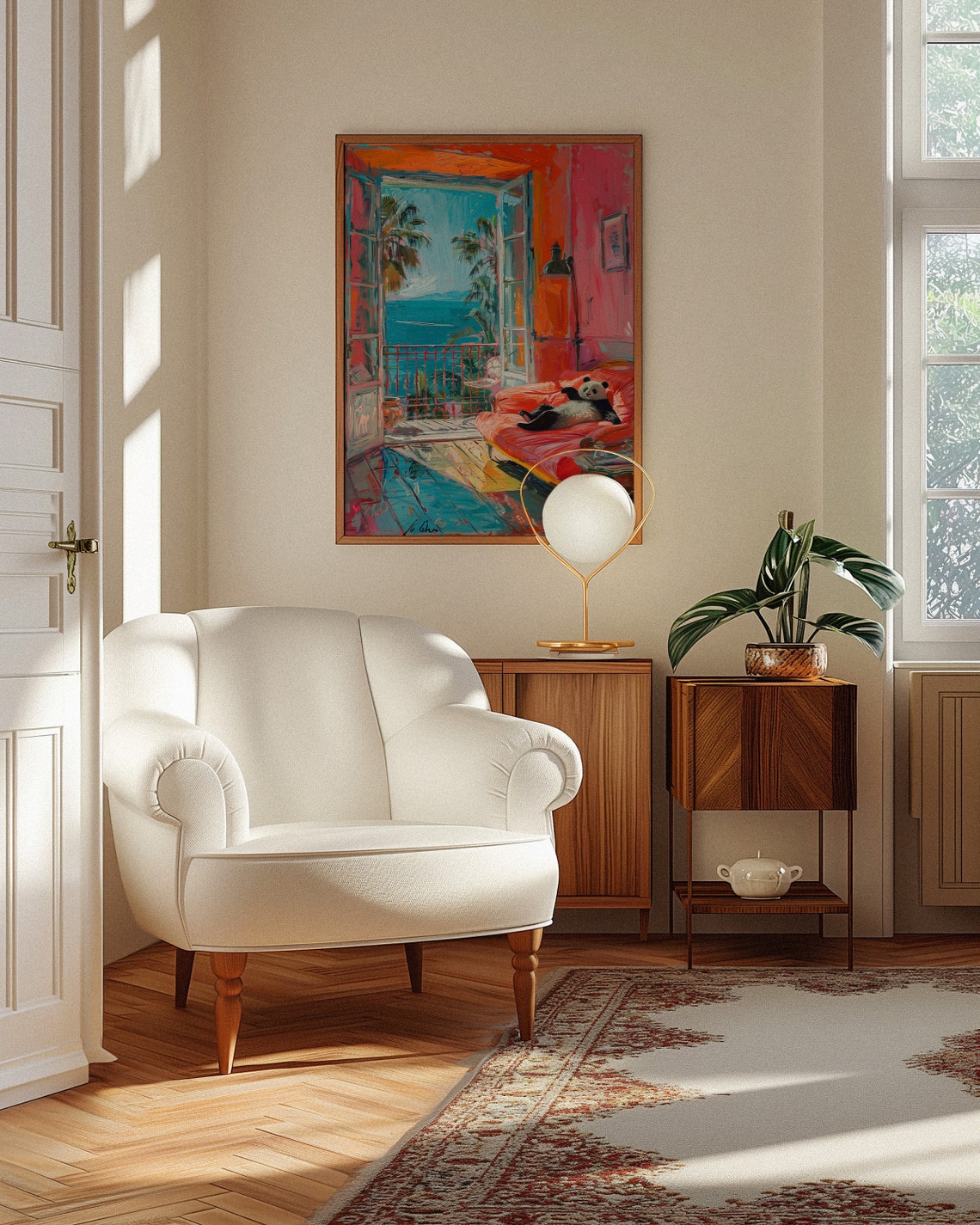 Lounging Panda On Balcony Sofa Poster In Fauvist Seaside View - Image 3