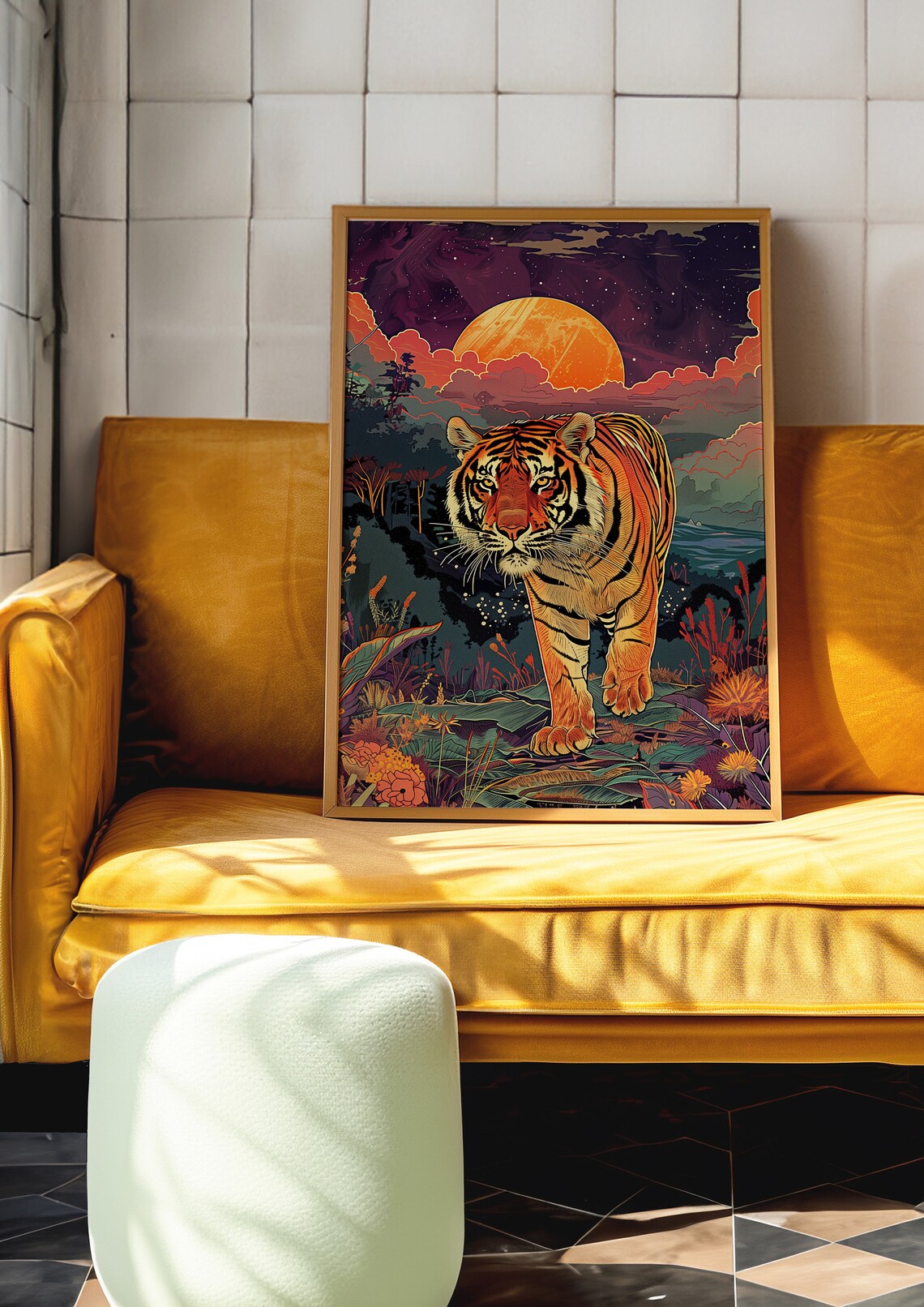Tiger Walking Through Jungle At Sunset Poster With Golden Sun - Image 2