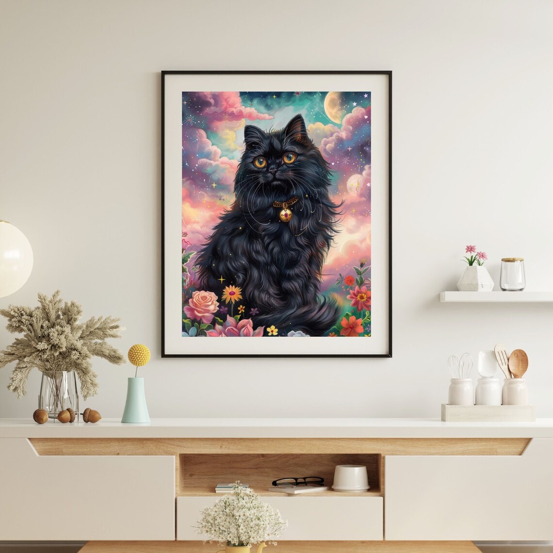 Fluffy Black Cat Fantasy Poster With Gold Collar In Flower Meadow - Image 8
