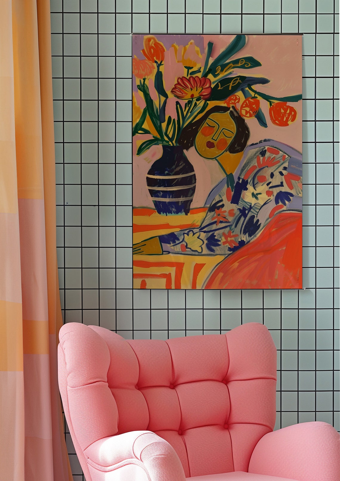 Resting Woman by Blue Vase With Red Orange Flowers Still Life Poster - Image 7