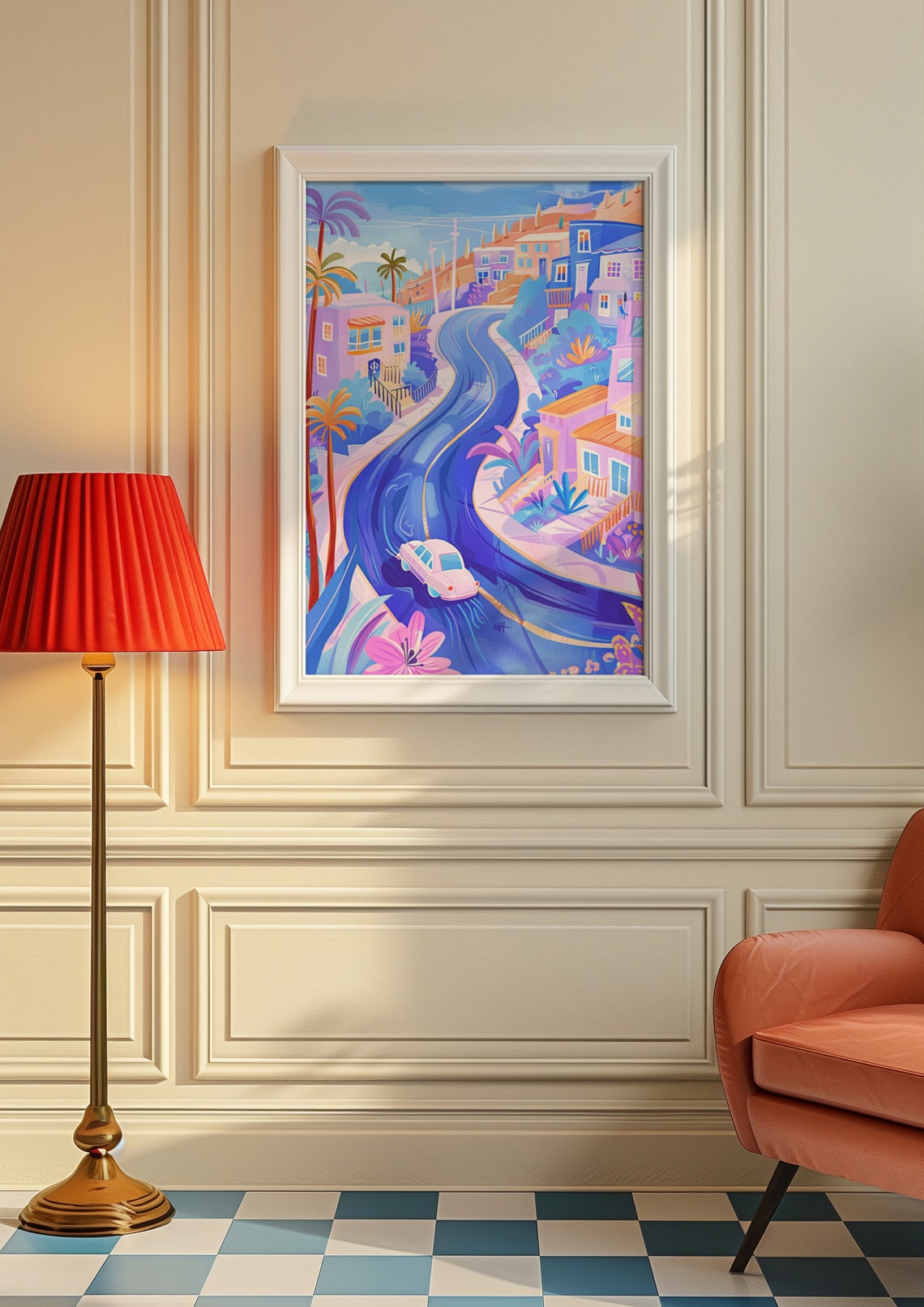 Winding Blue Coastal Road Pink Classic Car Hillside Travel Poster - Image 8