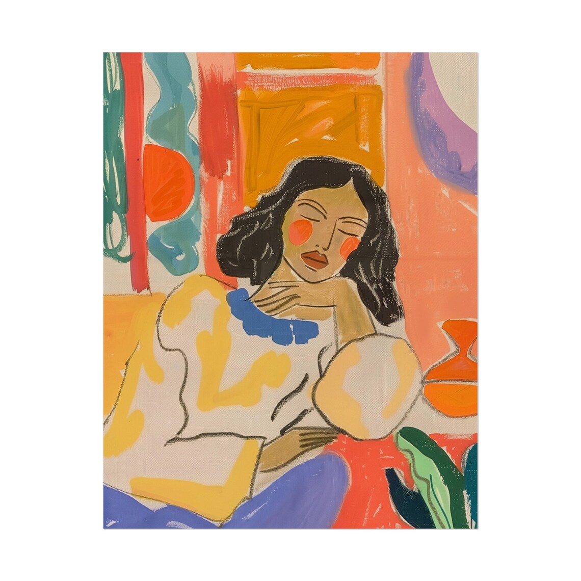 Fauvist Woman Portrait Resting Chin On Hand Colorful Art Print - Image 2