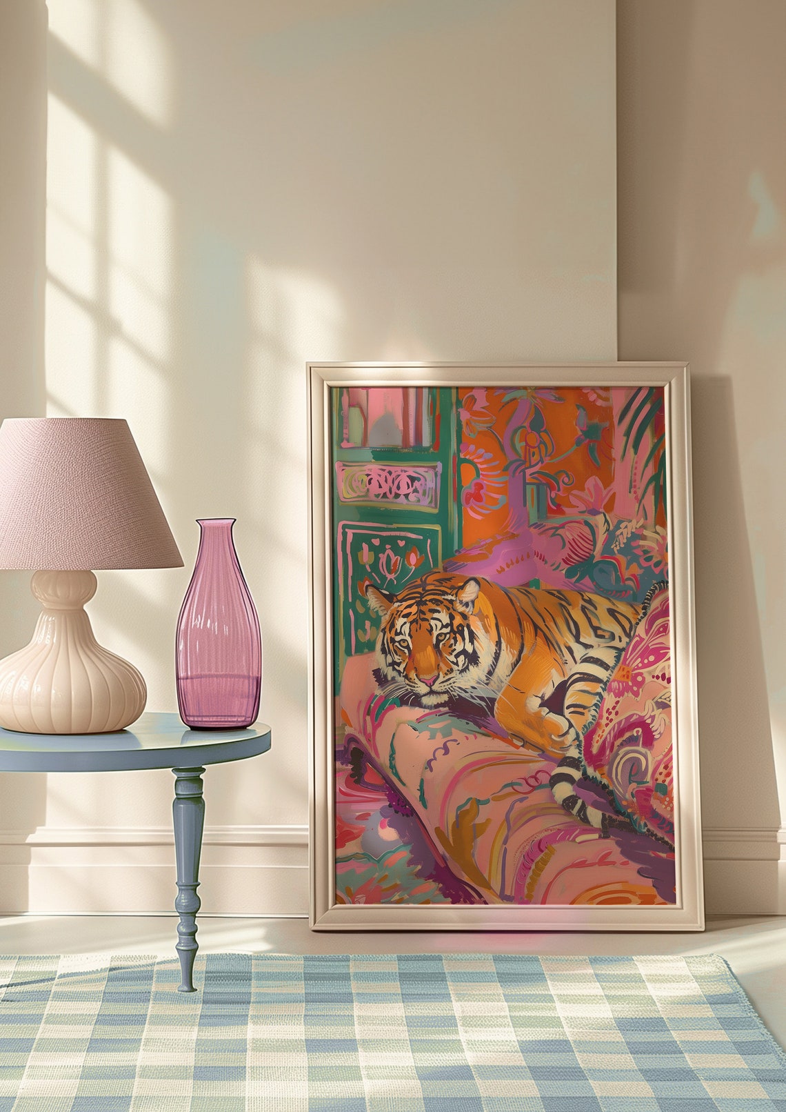 Relaxed Tiger Lounging on a Pink Patterned Armchair Art Poster - Image 9
