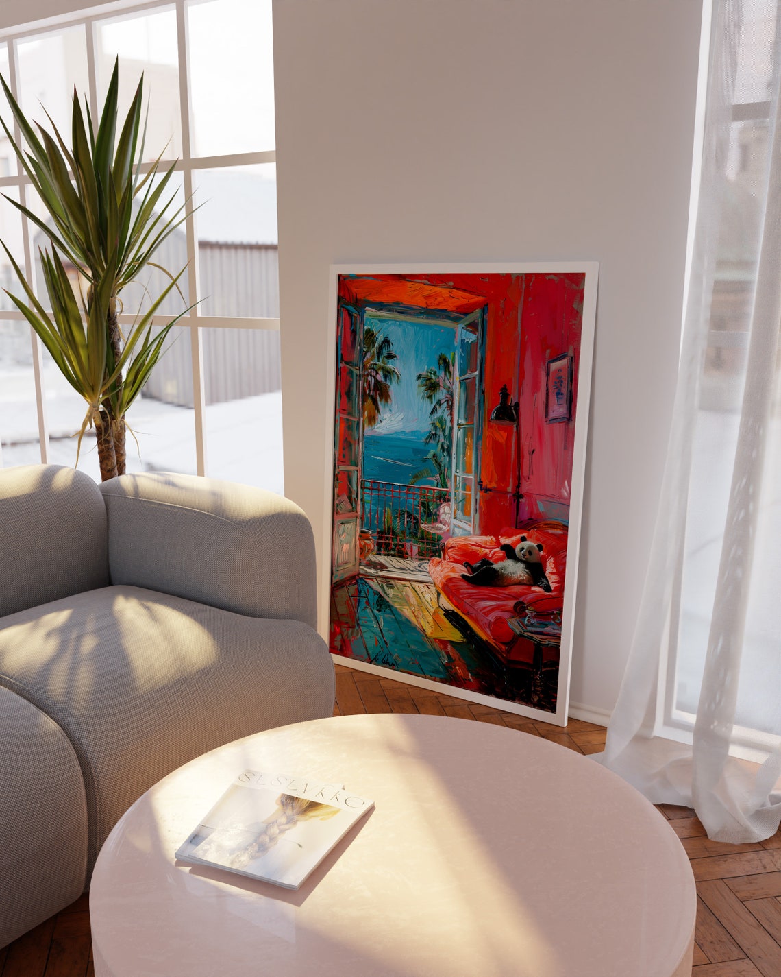 Lounging Panda On Balcony Sofa Poster In Fauvist Seaside View - Image 7