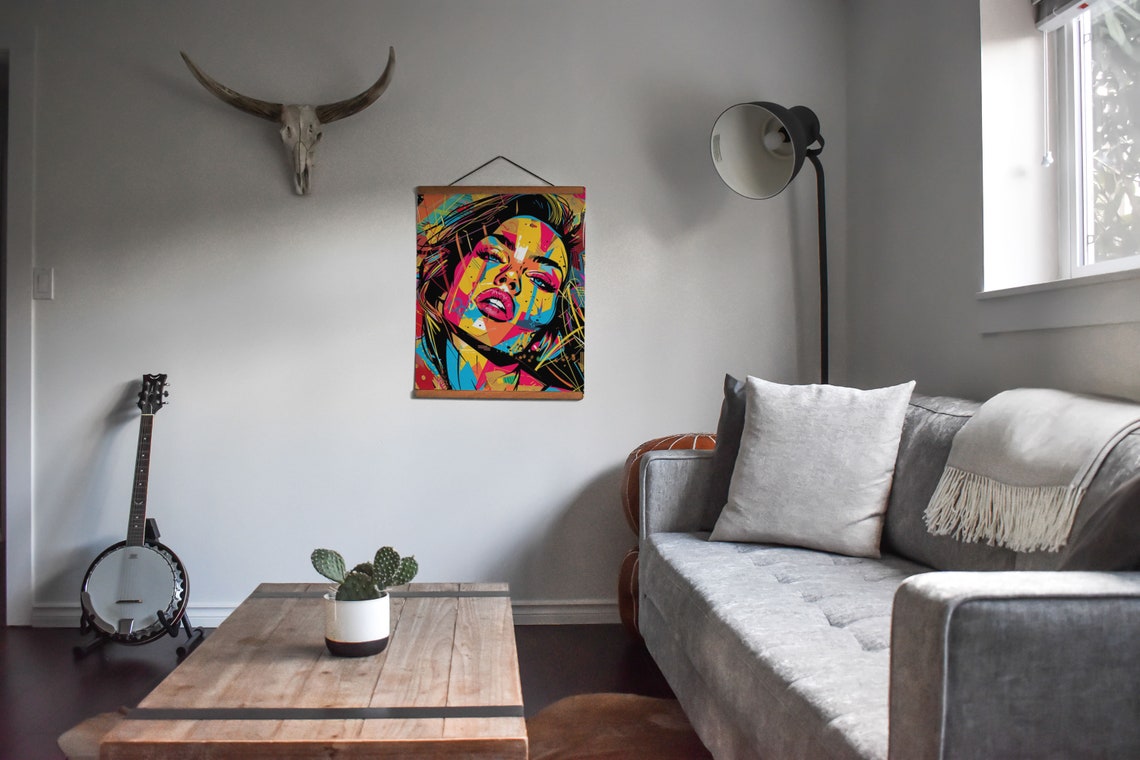 Bold Neon Woman Face Graffiti Poster With Yellow Paint Strokes - Image 7