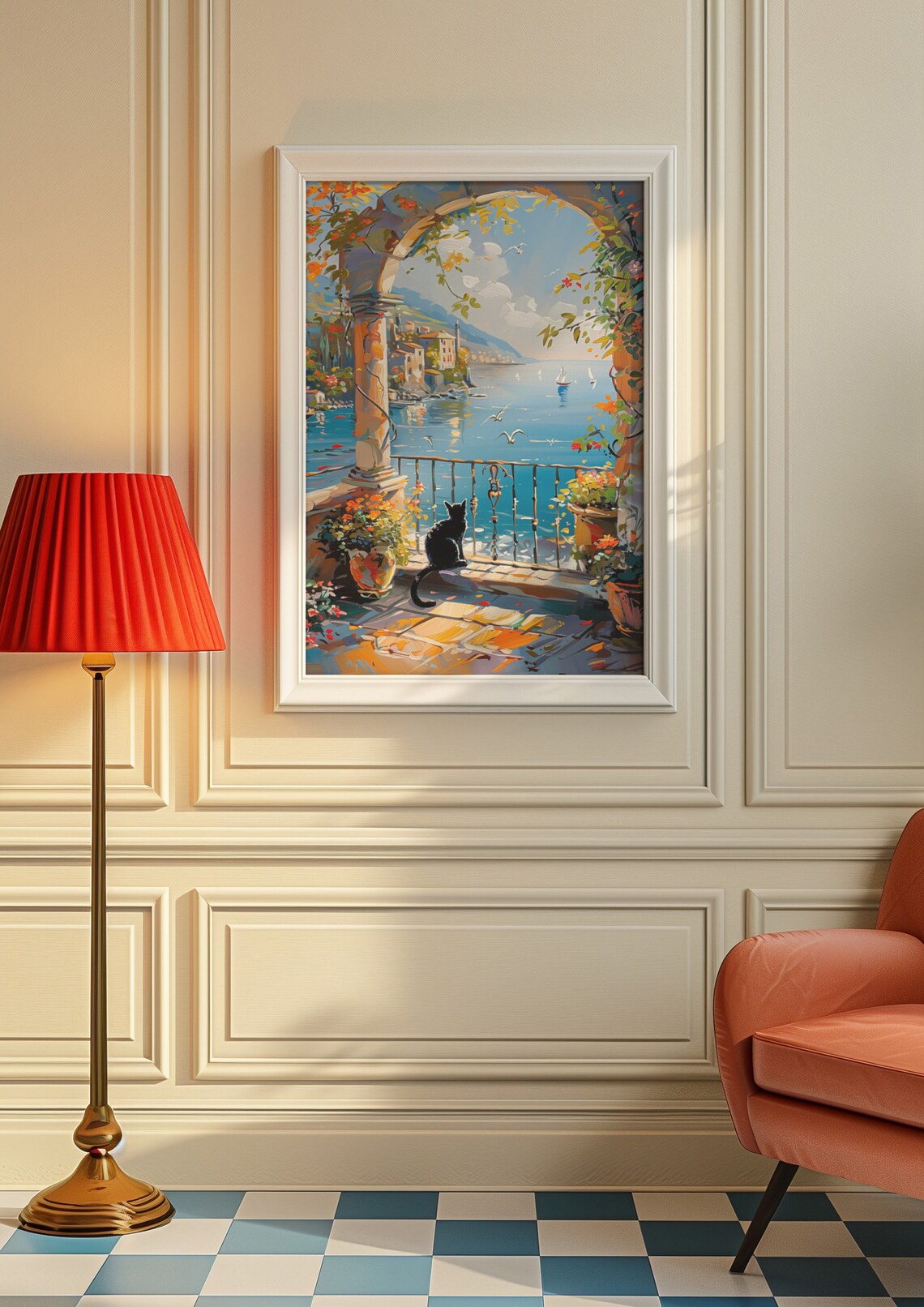 Black Cat Sitting on a Sunny Terrace Overlooking the Blue Sea Poster - Image 8