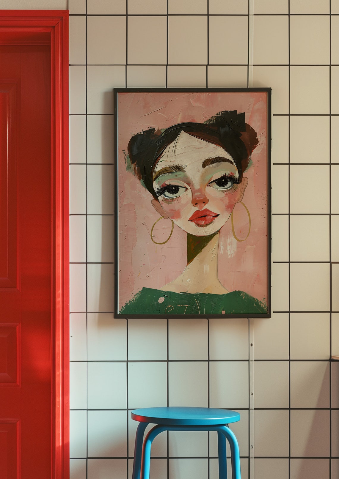 Whimsical Woman Portrait with Gold Hoop Earrings on Pink Poster - Image 2