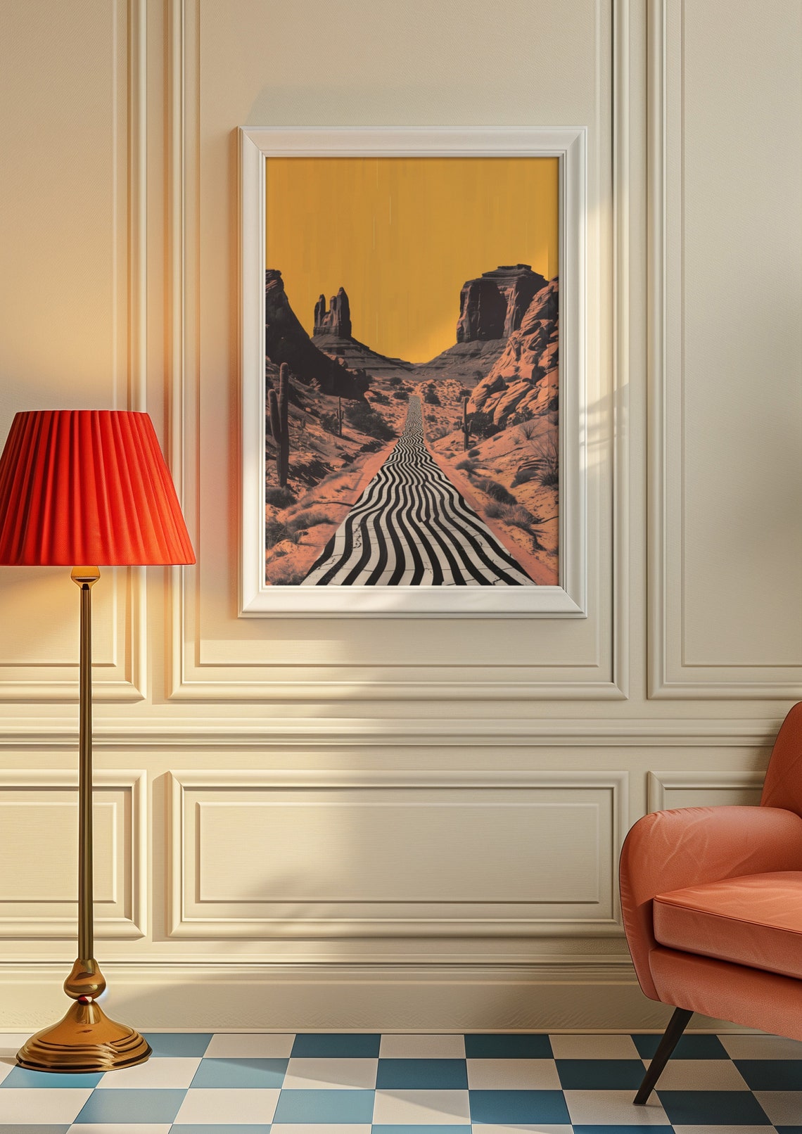 Graphic Wavy Striped Desert Canyon Road Under Golden Sky Poster - Image 6