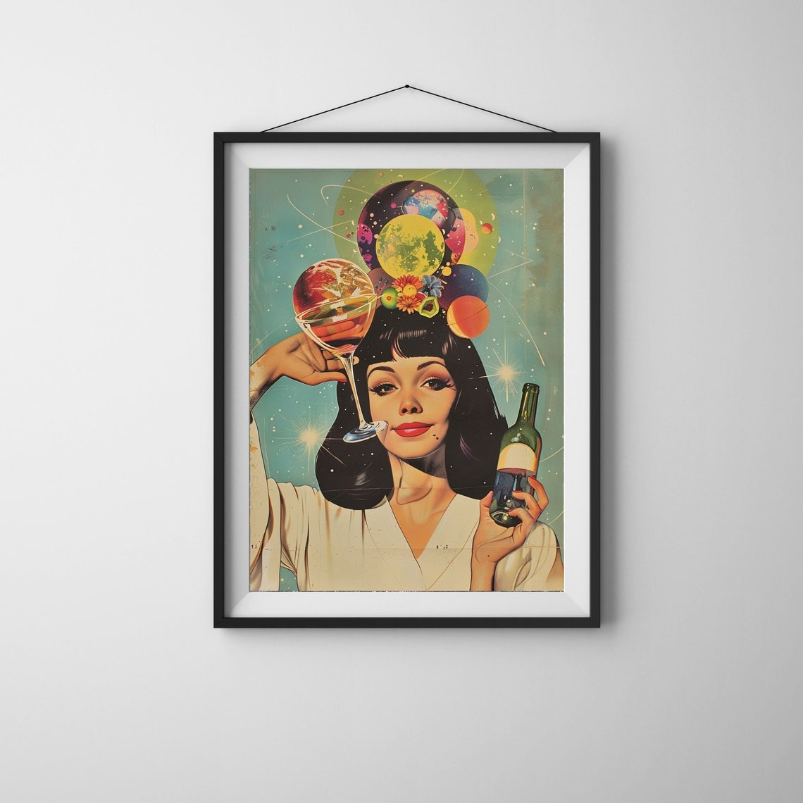 Cosmic Cocktail Woman Retro Futurism Planets Wine Art Poster - Image 3