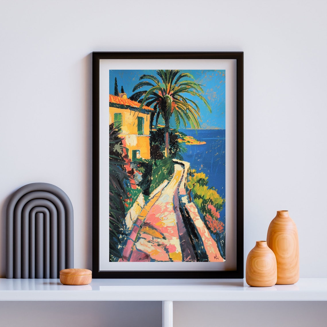 Fauvist Mediterranean Coastal Villa Poster With Palm Trees And Sea - Image 2