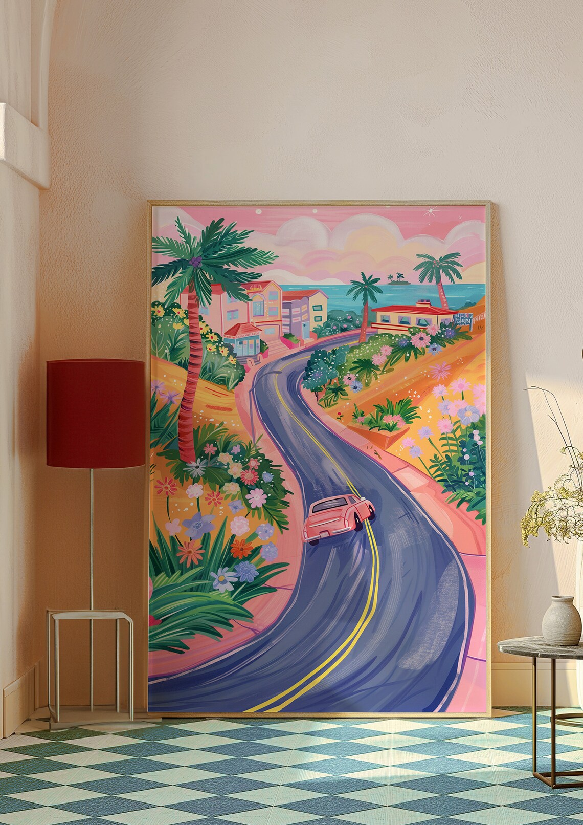 Coastal Road Drive Pink Vintage Car Palm Trees Seaside Travel Poster - Image 3