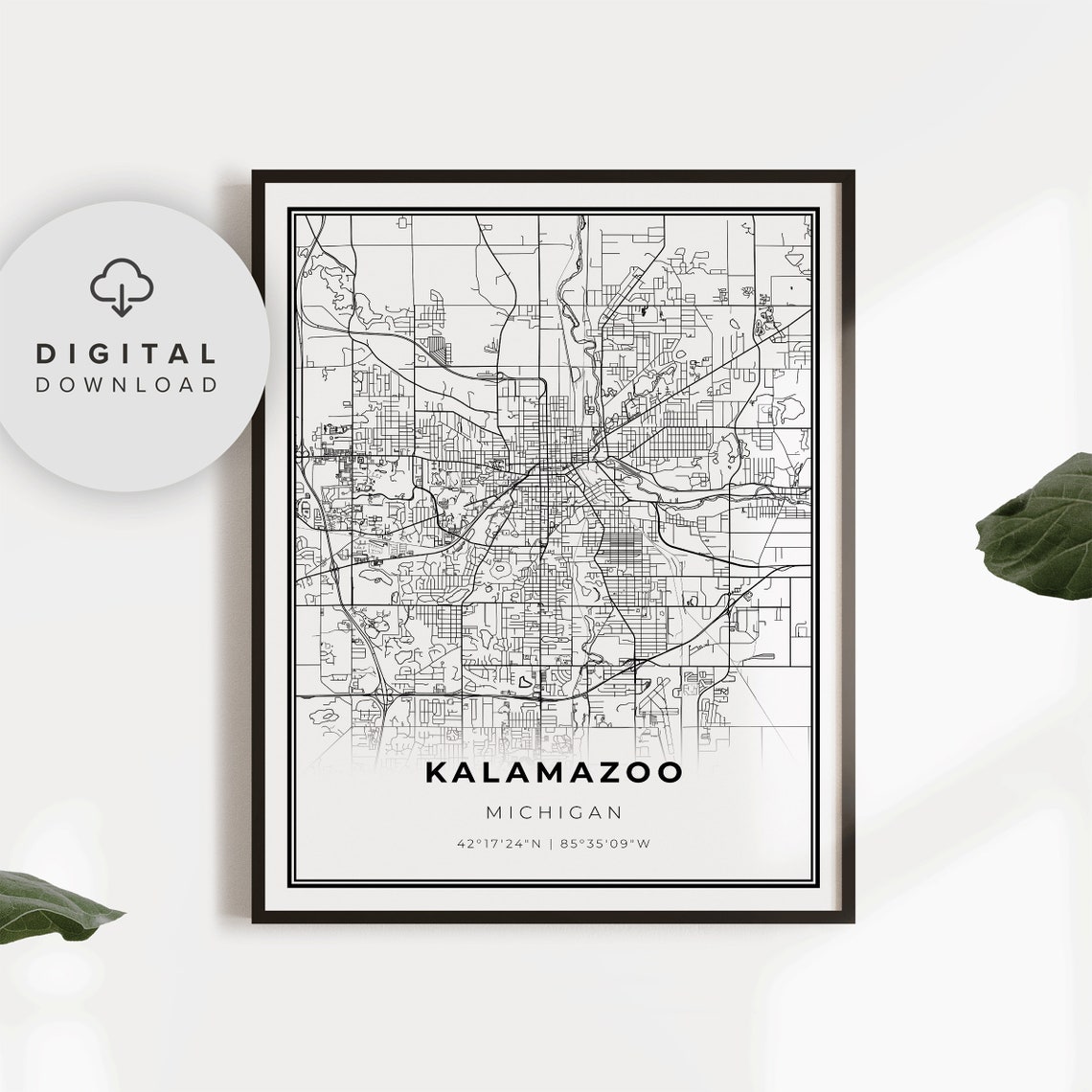Kalamazoo Michigan Street Map Poster Minimalist Black White Decor
