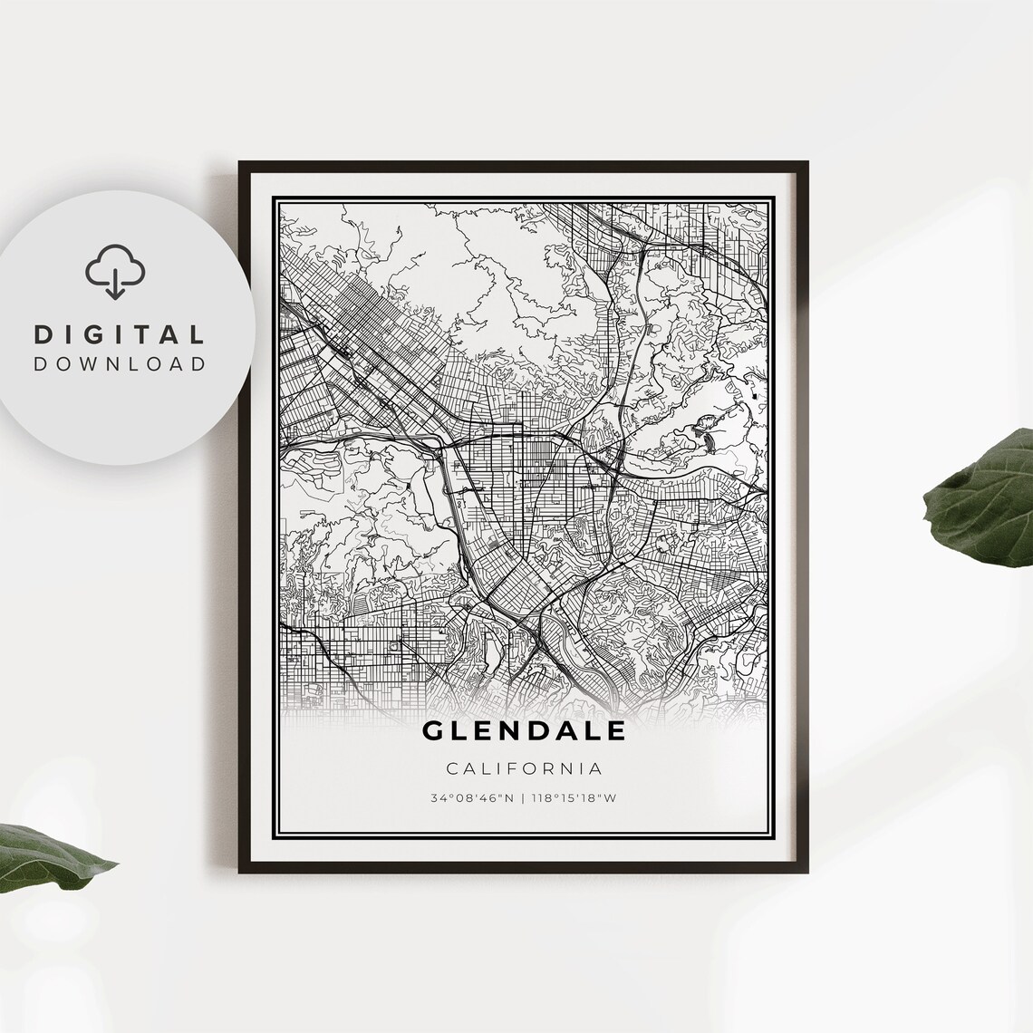 Glendale California Minimalist City Street Map Black Line Art Print