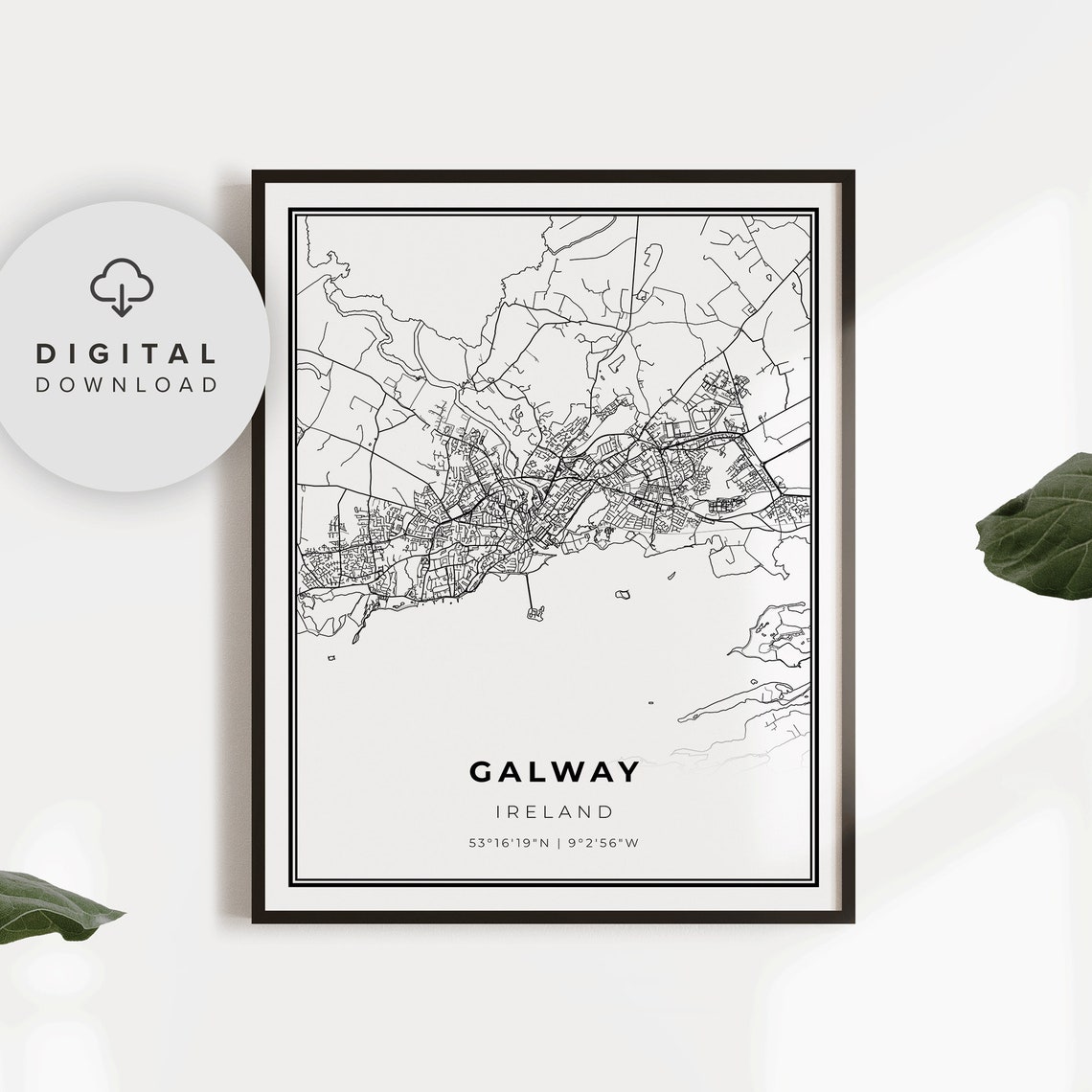 Galway Ireland Bay City Street Map Minimalist Monochrome Art Poster