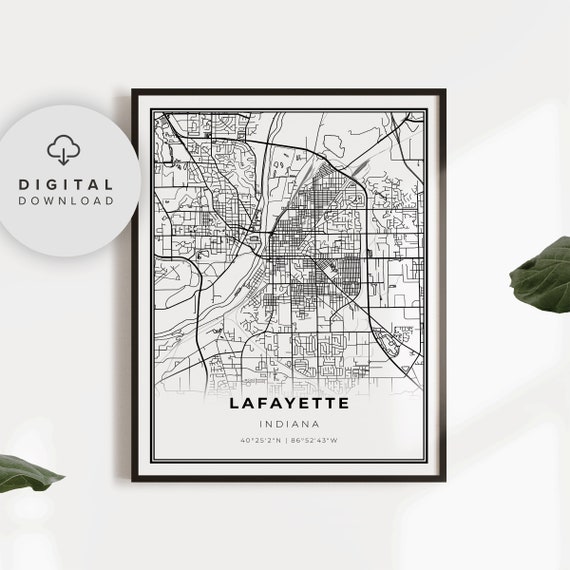 Lafayette Map Print Indiana In Usa Art Poster Tippecanoe County City Street Road Np78