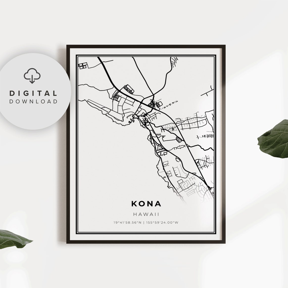Kona Hawaii City Street Map Black And White Minimalist Travel Poster