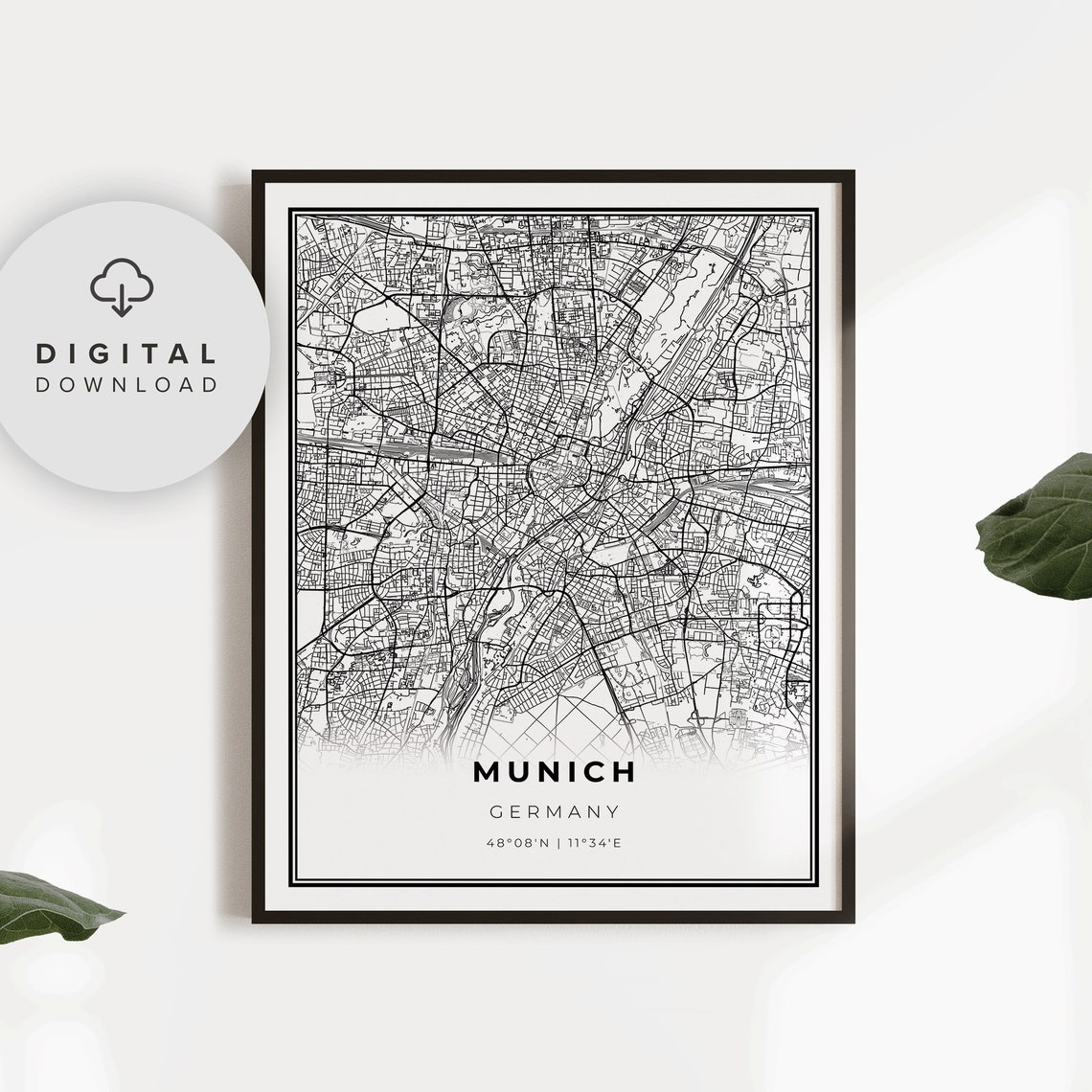 Munich Germany Minimalist Black And White Street Map City Poster