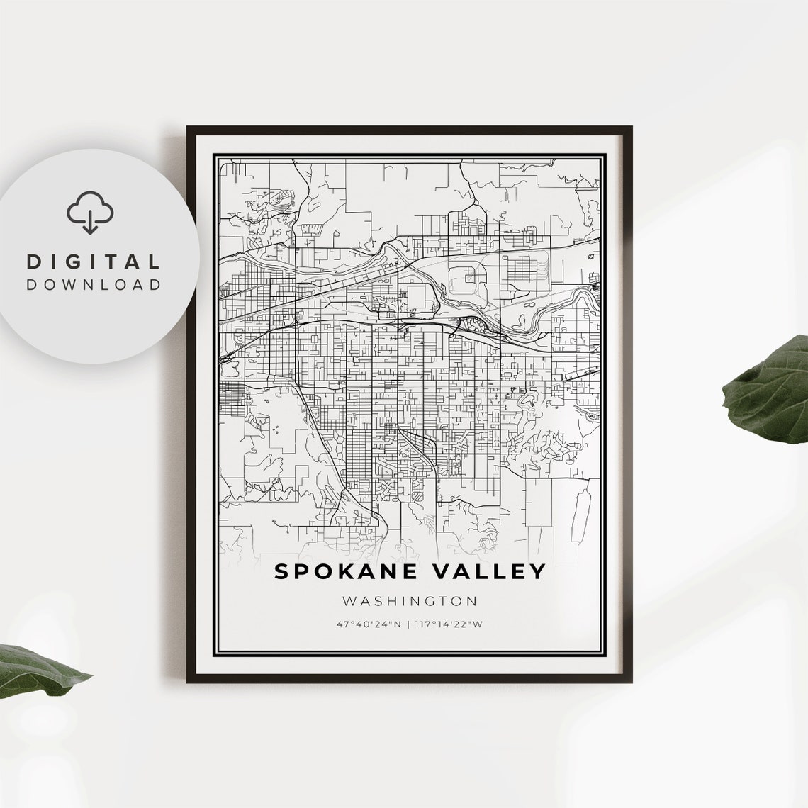 Spokane Valley Washington Detailed Street Map Minimalist Art Print
