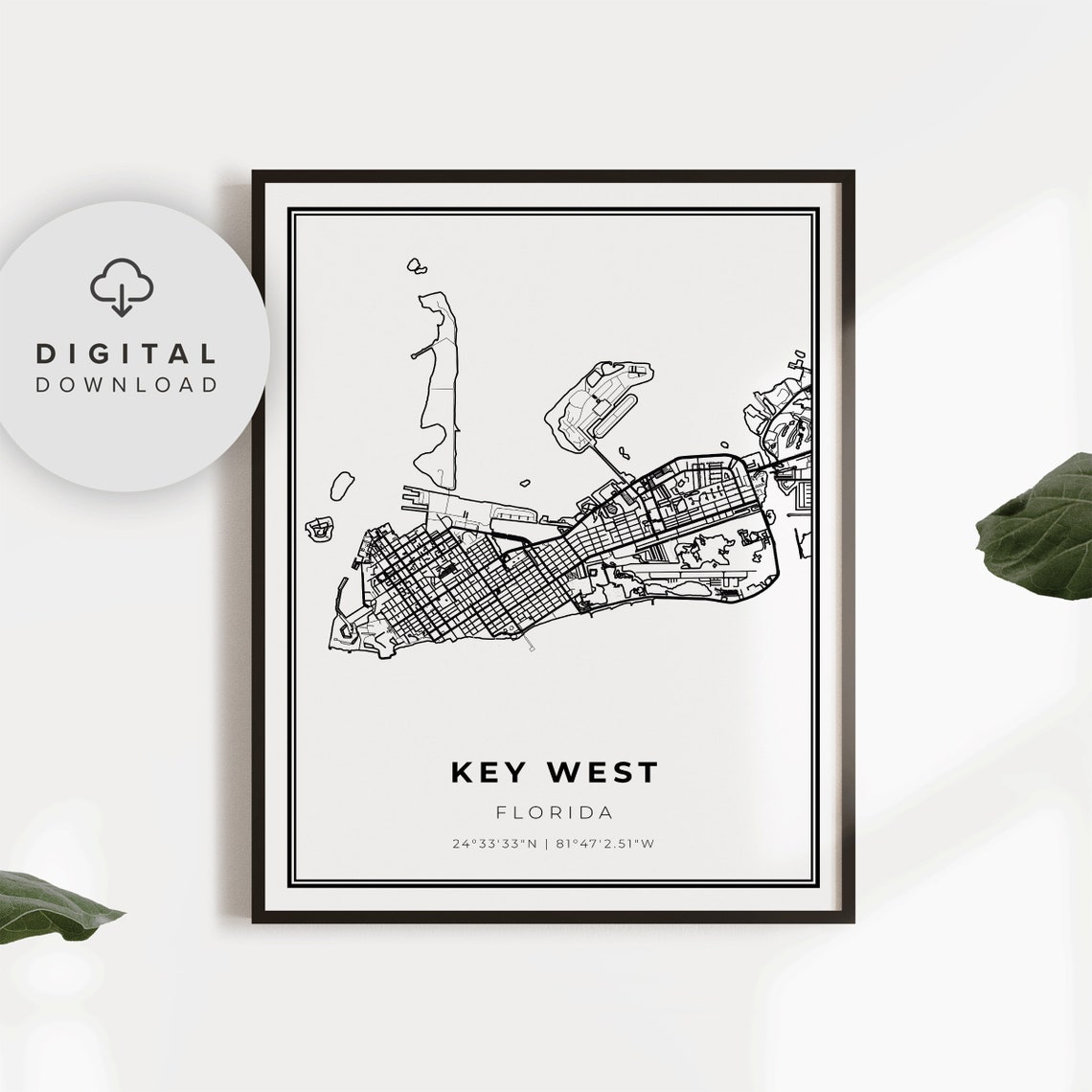 Key West Florida City Map Poster Minimalist Black White Decor