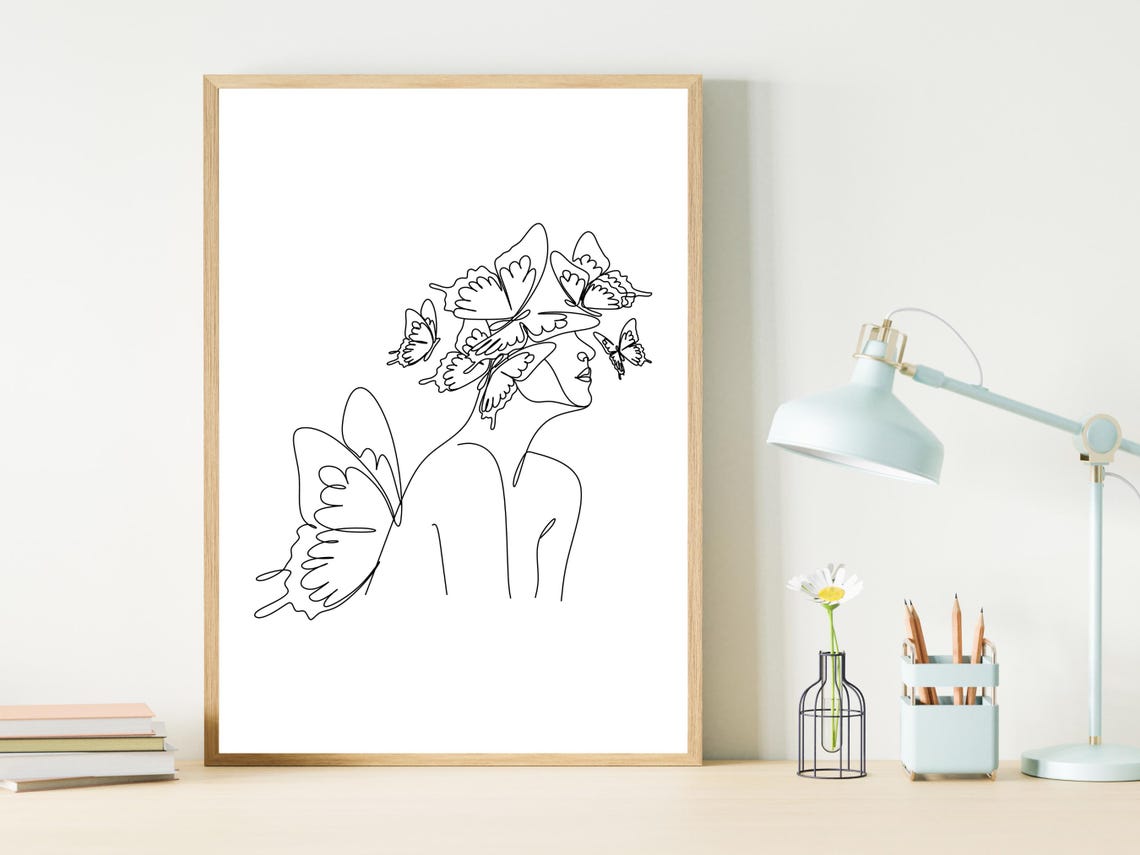 Woman With Butterflies Line Art Dreamy Transformation Decor Poster - Image 3