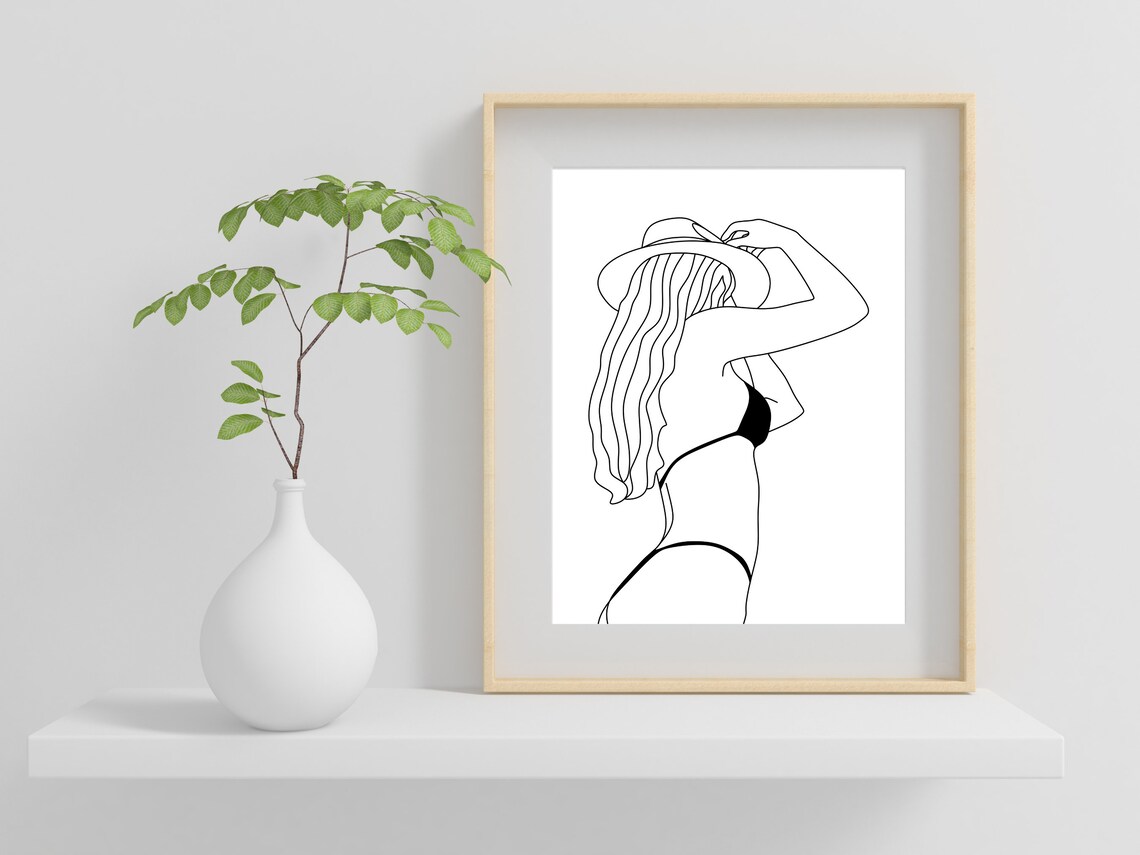Woman in Bikini and Sun Hat Minimalist Line Art Female Poster - Image 2