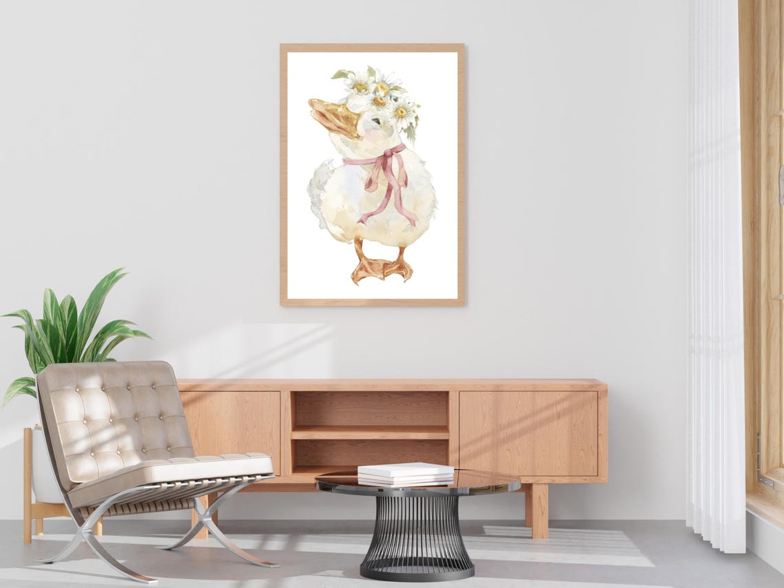 Baby Duck Watercolor Nursery Print Floral Daisy Crown Animal Decor - Image 4